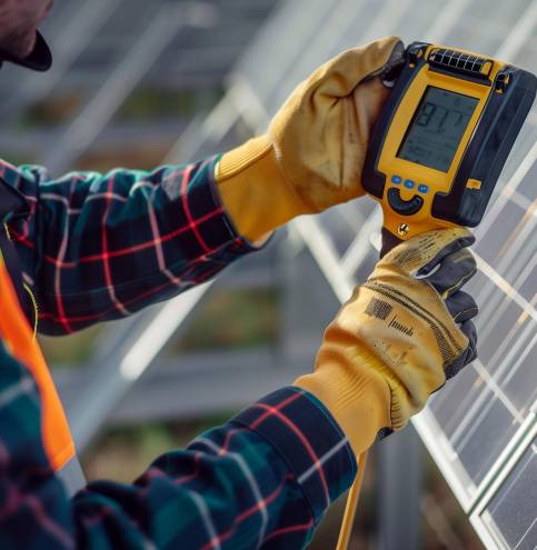 Close up of engineer installing solar panels on the rooftop. Electrical technician at work, alternative renewable energy generation concept. Generative AI.